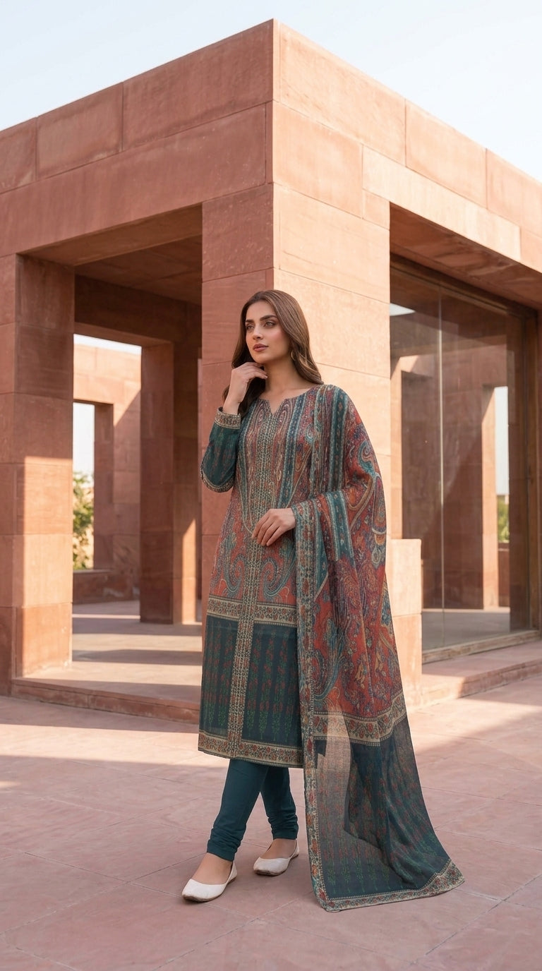 Close-up of the V-notch neckline with teal piping detail on a terracotta red luxury lawn kameez with all-over intricate paisley and floral jaal print in teal, gold, and ivory, teal chiffon dupatta draped alongside