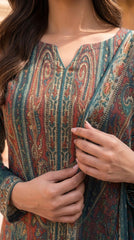 Back view of a model in a cream studio wearing a terracotta red luxury lawn suit with all-over paisley jaal print, plain teal shalwar, and matching teal chiffon dupatta with bold oversized paisley print and gold geometric border draped symmetrically