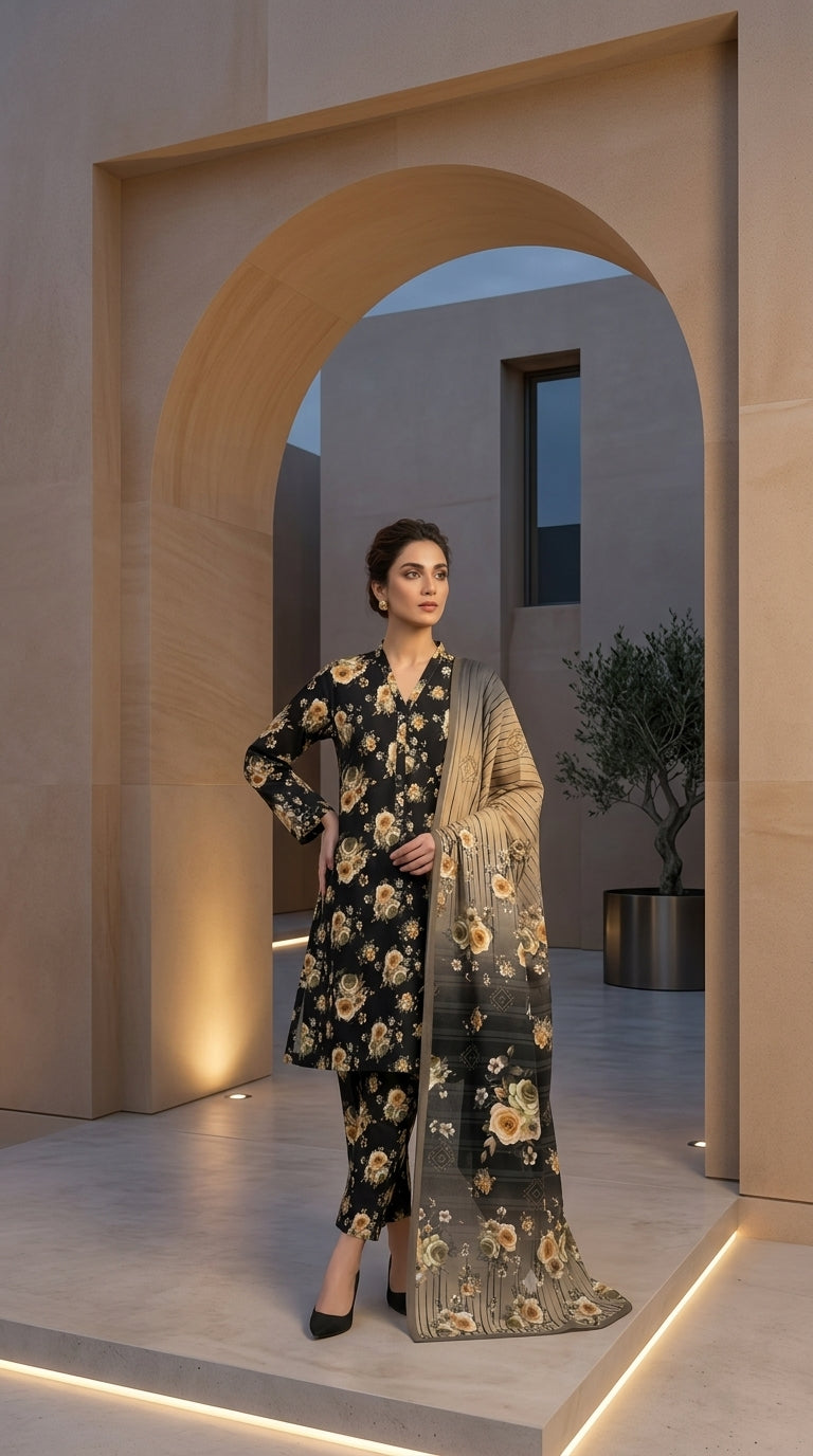 Back view of a model in a midnight black Pakistani luxury lawn suit with golden rose print and a dramatic contrast champagne-gold and charcoal ombre bamber chiffon dupatta, studio background