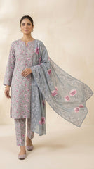 Full length front view of a model in a dove grey floral lawn suit with a voluminous powder blue peony chiffon dupatta draped symmetrically over both arms, cream studio background