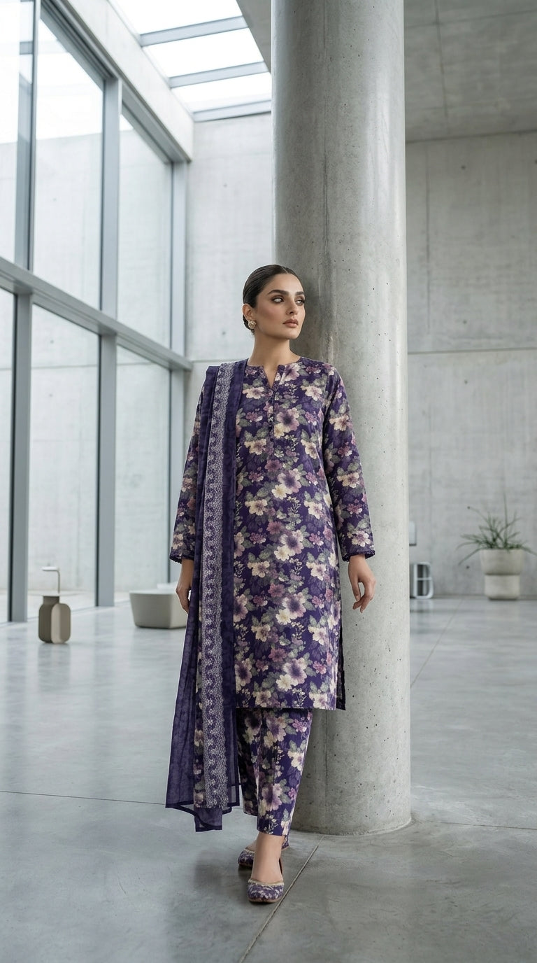 Full length front view of a model in a royal indigo Pakistani luxury lawn suit with all-over watercolour floral print, matching printed trouser, and matching indigo chiffon dupatta with silver lace border panels, modern concrete interior background