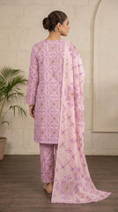 Model in profile wearing a dusty lilac Pakistani luxury lawn suit with geometric diamond lattice print, holding a bouquet of pink roses, pearl necklace and earrings