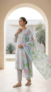 Full length front view of a model in a powder blue Pakistani 3-piece unstitched lawn suit with all-over pastel medallion lattice print and contrast oversized tropical floral chiffon dupatta draped over one shoulder, white studio background