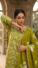 Close-up of a model in an olive chartreuse luxury lawn suit with all-over white ditsy floral print, showing the delicate gold lace trim running down the button placket and at the sleeve cuff, matching chiffon dupatta draped alongside, greenhouse archway background