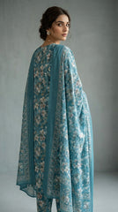 Back view of a model in a teal cherry blossom lawn suit with a large sheer printed dupatta spread wide