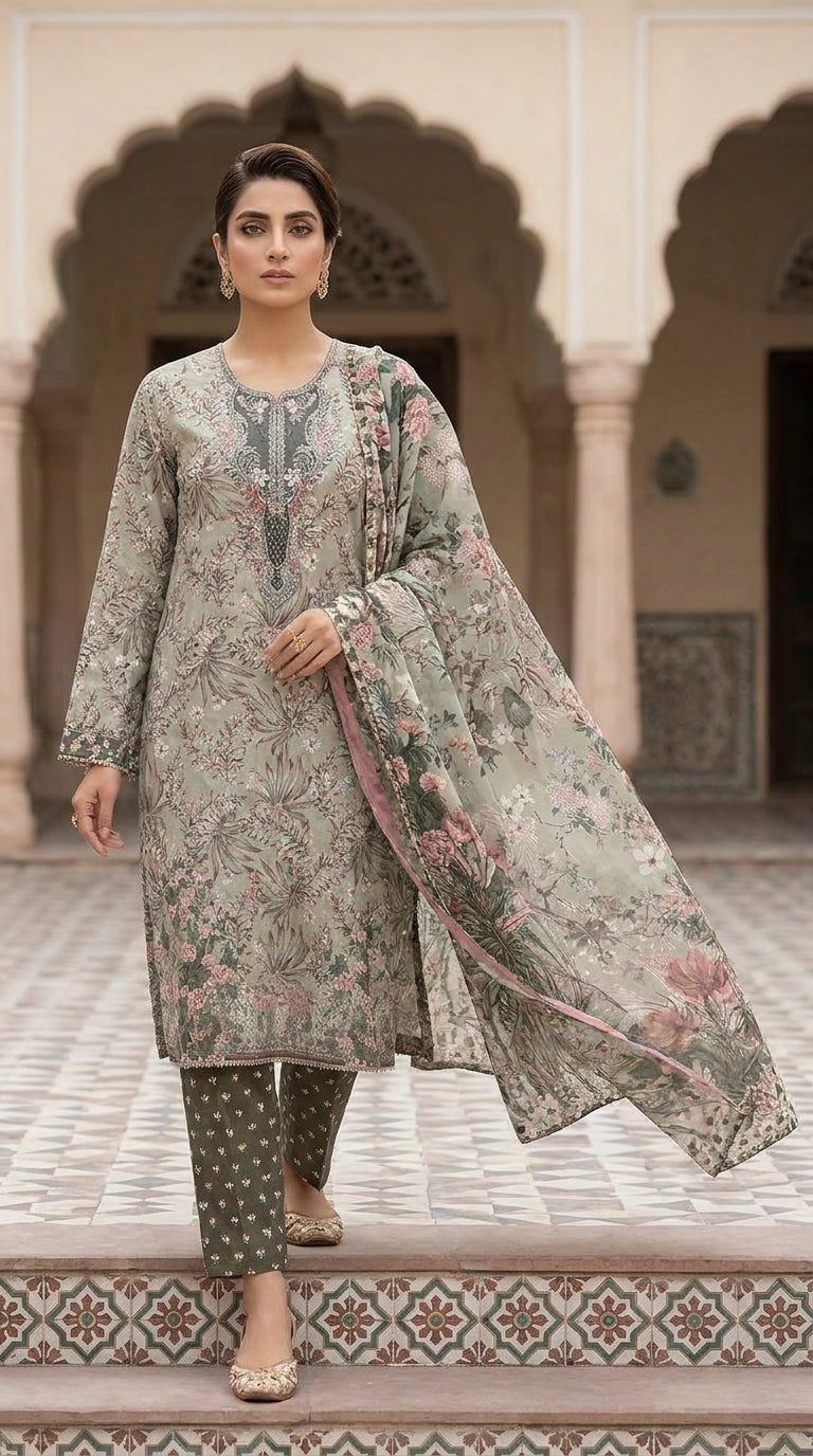 Sage Botanical Muse - Dupatta shoulder drape portrait