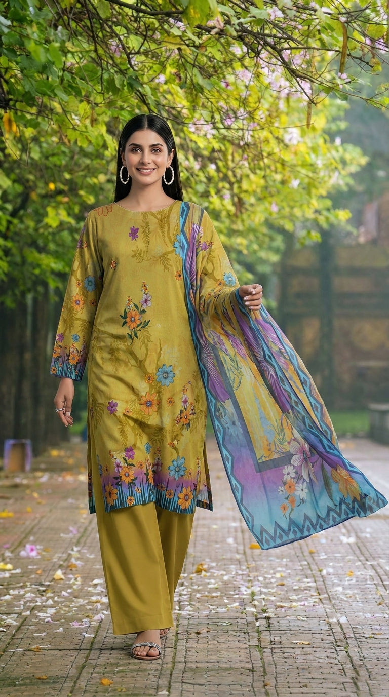 Close-up of the round neckline on a chartreuse olive luxury lawn kameez with tonal vine self-print and scattered multicolour wildflower blooms, teal ikat stripe cuff border visible, teal-to-lavender chiffon dupatta with ikat chevron border draped alongside