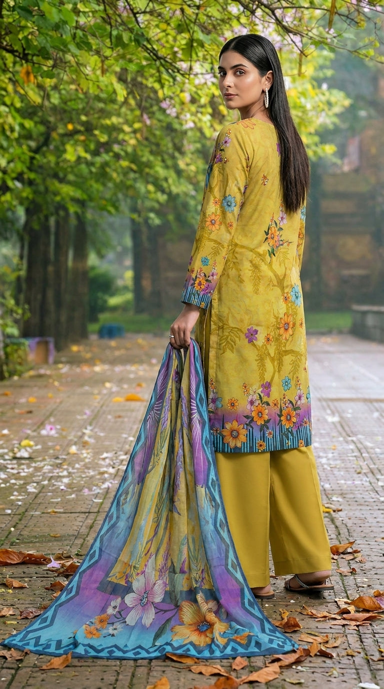 Model seated on a wooden park bench on a golden autumn avenue in a chartreuse olive luxury lawn suit with tonal vine and multicolour wildflower print, bold teal ikat cuff border, plain olive yellow palazzo trousers, and teal-to-lavender chiffon dupatta with oversized purple magnolia blooms pooling on the bench