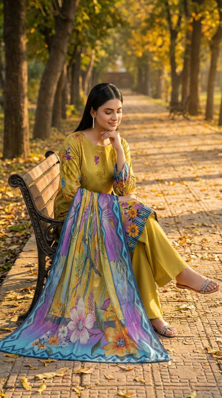 Full length side view of a model leaning against a large tree on an autumn avenue in a chartreuse olive luxury lawn suit with tonal vine and multicolour wildflower print, teal ikat cuff border, plain olive yellow palazzo trousers, and teal-to-lavender chiffon dupatta with ikat chevron border draped over the head