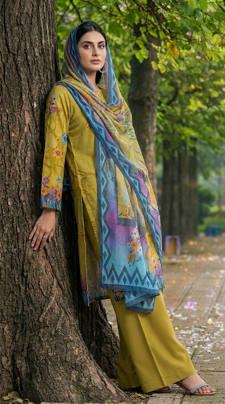 Close-up portrait of a smiling model in a chartreuse olive luxury lawn suit with tonal vine and multicolour wildflower print, bold teal ikat cuff border visible, teal-to-lavender chiffon dupatta with ikat chevron border draped over one shoulder, golden bokeh background
