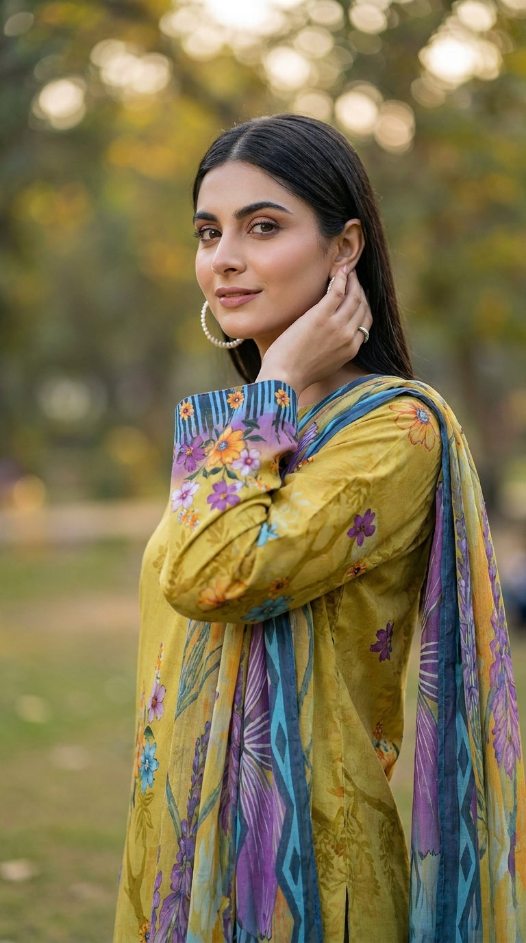 Full length front view of a smiling model walking on a golden autumn tree-lined avenue in a chartreuse olive luxury lawn suit with tonal vine and multicolour wildflower print, bold teal ikat cuff border, plain olive yellow palazzo trousers, and teal-to-lavender chiffon dupatta with oversized purple magnolia blooms held open in one hand