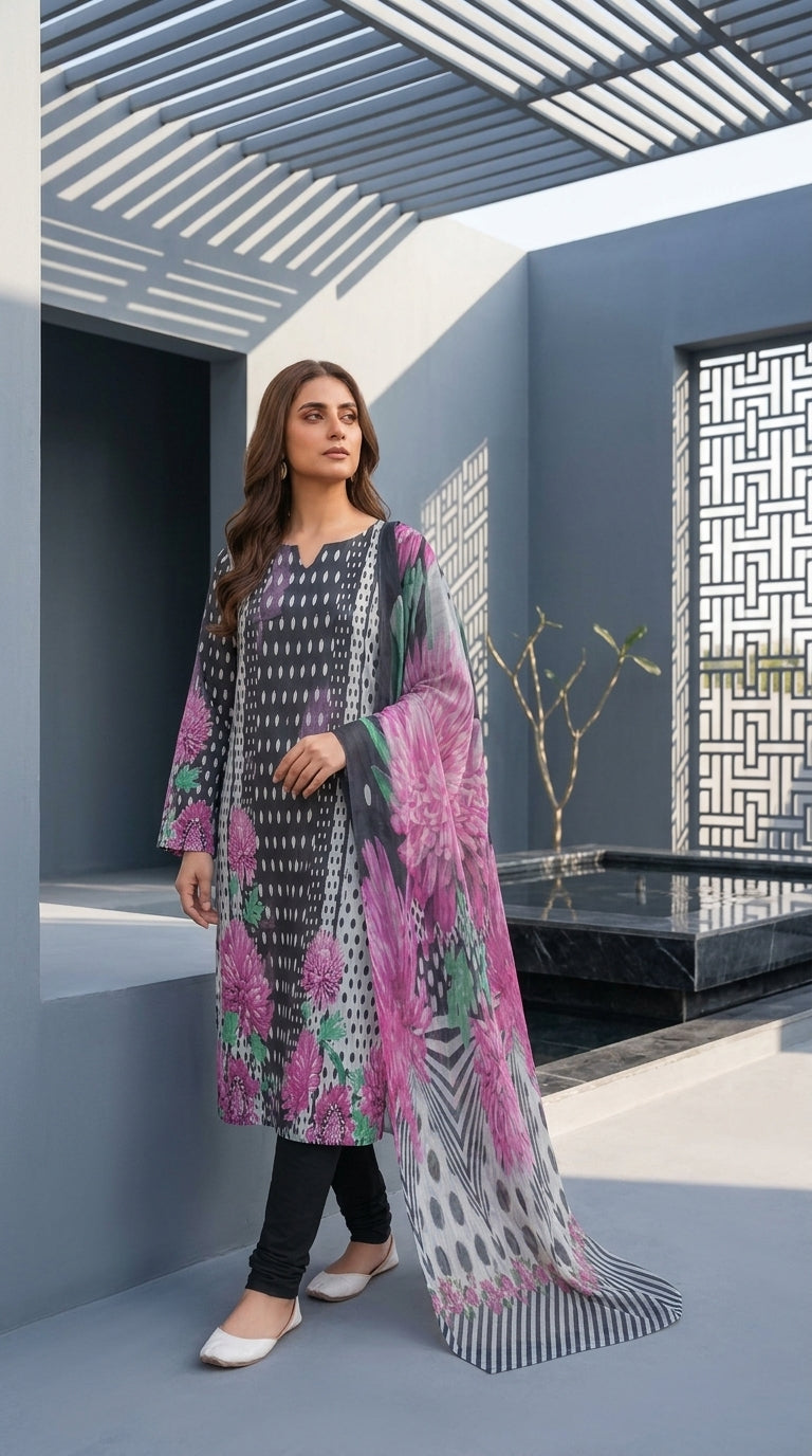 Close-up of the V-notch neckline on a charcoal grey luxury lawn kameez with all-over white ikat diamond dot print and oversized magenta chrysanthemum panel print, matching printed lawn dupatta draped alongside, warm golden background