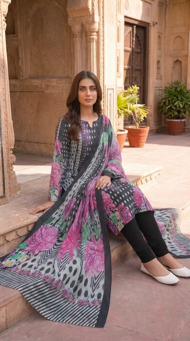 Close-up detail collage showing the white ikat dot and magenta chrysanthemum print on a charcoal black luxury lawn kameez sleeve with floral border trim, and the V-notch neckline with matching pink floral border, gold kundan rings on hand