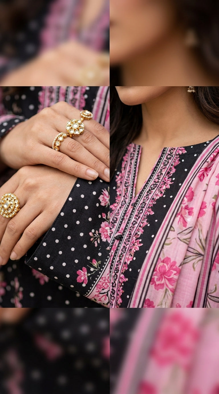 Back view of a model turning in a Mughal archway colonnade in a charcoal grey luxury lawn suit with ikat dot and magenta chrysanthemum print, plain charcoal shalwar, and matching printed lawn dupatta with chevron geometric border trailing behind, warm golden light