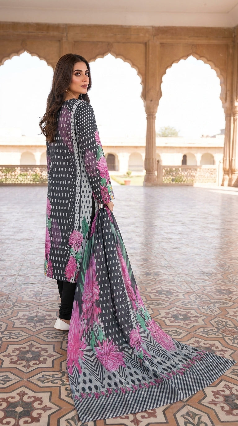 Full length front view of a model walking through a Mughal archway colonnade in a charcoal grey luxury lawn suit with ikat dot and magenta chrysanthemum print, plain charcoal shalwar, and matching printed lawn dupatta with chevron border flowing, warm sandstone background
