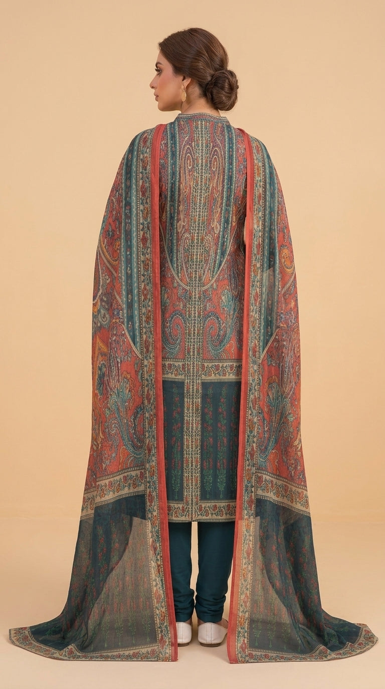 Full length front view of a model standing in a Mughal courtyard in a terracotta red luxury lawn suit with all-over paisley jaal print, plain teal shalwar, and matching teal chiffon dupatta with oversized paisley print and gold border draped over one arm
