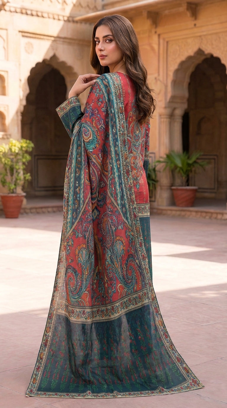 Model seated on a carved sandstone bench in a Mughal courtyard holding a red rose, wearing a terracotta red luxury lawn suit with all-over paisley jaal print, plain teal shalwar, and matching teal chiffon dupatta with gold geometric border pooling on the bench