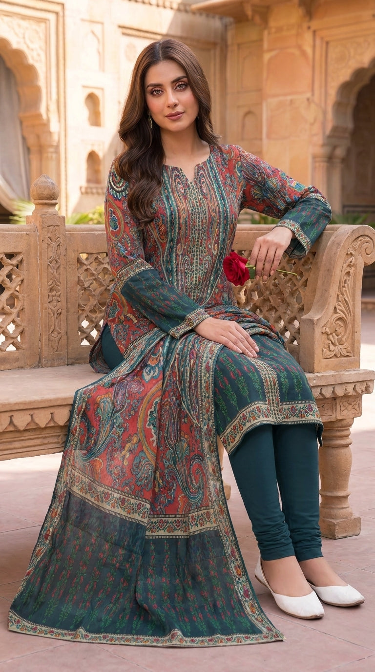 Full length side view of a model walking and smiling in a Mughal garden courtyard in a terracotta red luxury lawn suit with all-over paisley jaal print, plain teal shalwar, and matching teal chiffon dupatta with oversized paisley print flowing behind, warm golden light