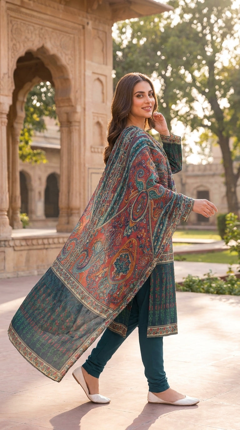 Full length front view of a model in a terracotta red luxury lawn suit with all-over paisley jaal print, plain teal shalwar, and matching teal chiffon dupatta with bold oversized paisley print and gold geometric border draped symmetrically, warm beige studio background