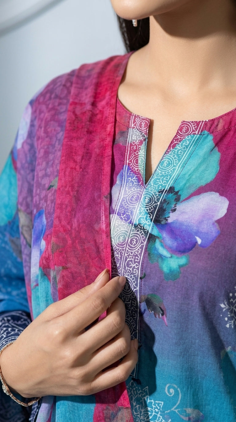 Full length front view of a model in a sleek concrete studio wearing a teal-to-magenta ombré luxury lawn suit with scattered watercolour magnolia and anemone blooms, navy sleeves with blue paisley cuff border, plain navy cigarette trousers, and magenta-to-teal ombré chiffon dupatta with oversized watercolour blooms draped over one arm