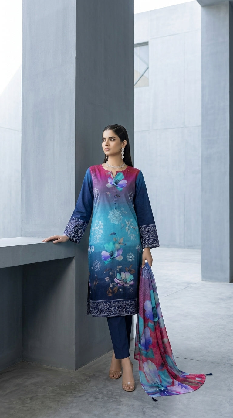 Back view of a model in a teal-to-magenta ombré luxury lawn suit with scattered watercolour magnolia blooms, navy sleeves with blue paisley cuff border, plain navy cigarette trousers, and magenta-to-teal ombré chiffon dupatta with oversized watercolour blooms draped symmetrically, light blue studio background