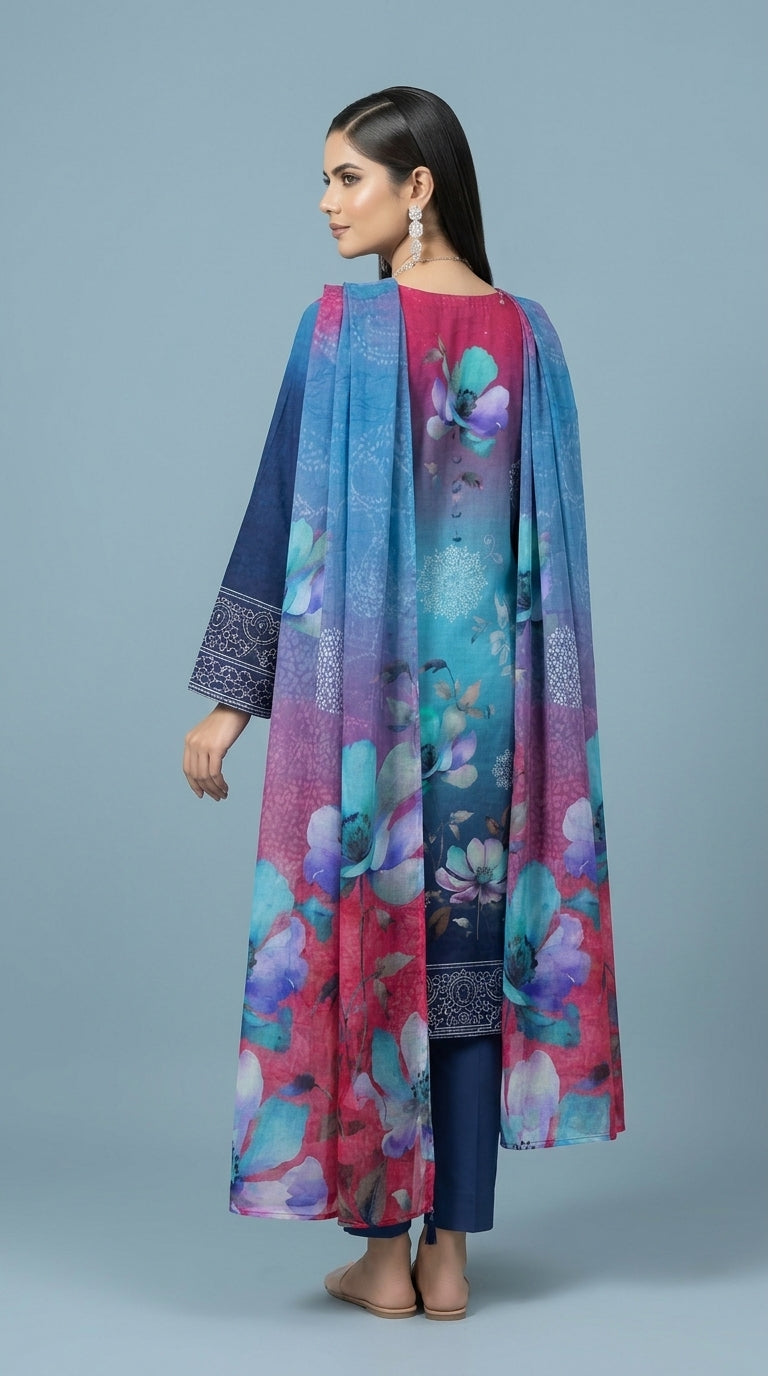 Full length front view of a model leaning against a green panelled wall in a teal-to-magenta ombré luxury lawn suit with scattered watercolour magnolia and anemone blooms, navy sleeves with blue paisley cuff border, plain navy cigarette trousers, and magenta-to-teal ombré chiffon dupatta draped over one arm