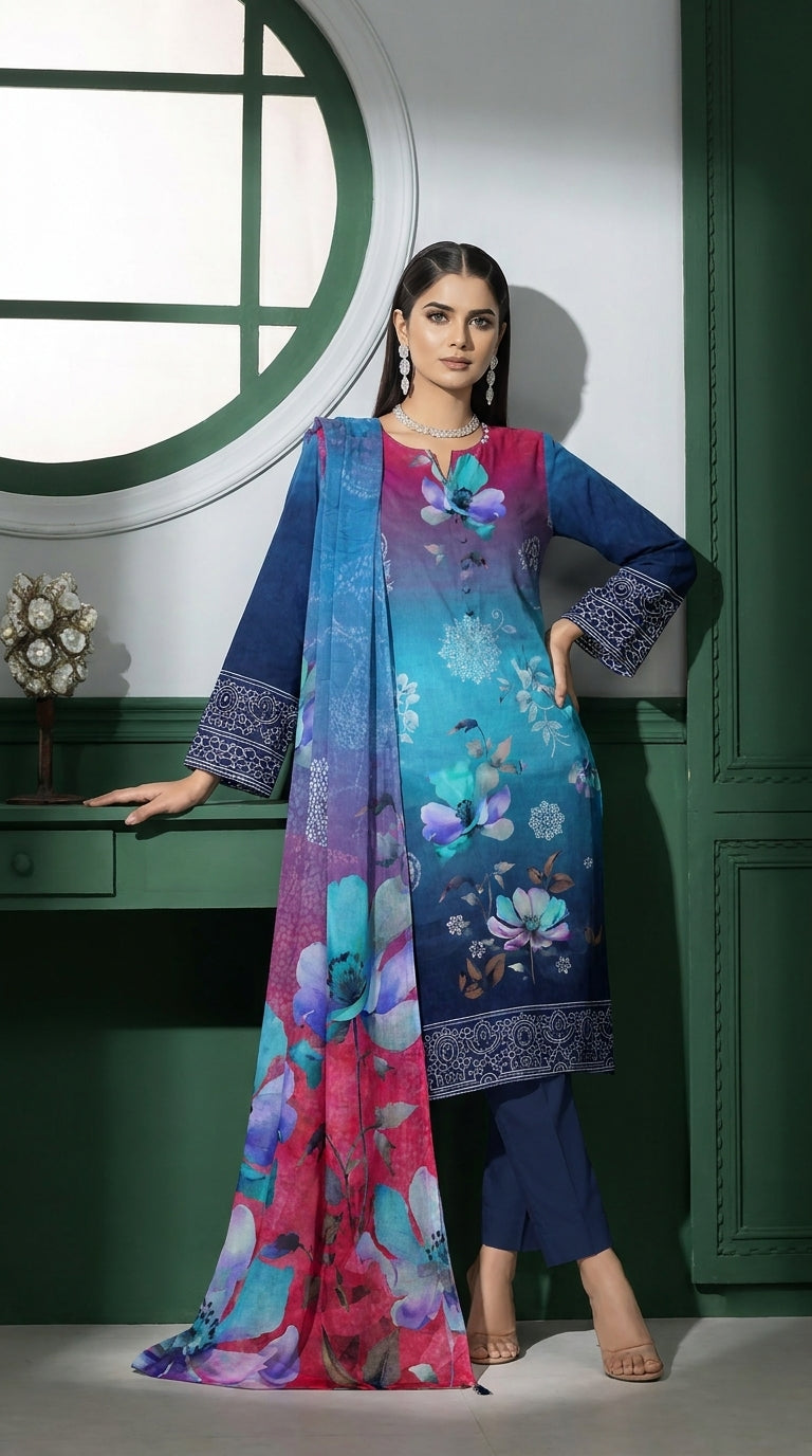 Back view of a model turning and holding out the magenta-to-teal ombré chiffon dupatta with oversized watercolour magnolia blooms in front of a green panelled wall with circular window, teal-to-magenta ombré luxury lawn suit and navy cigarette trousers visible