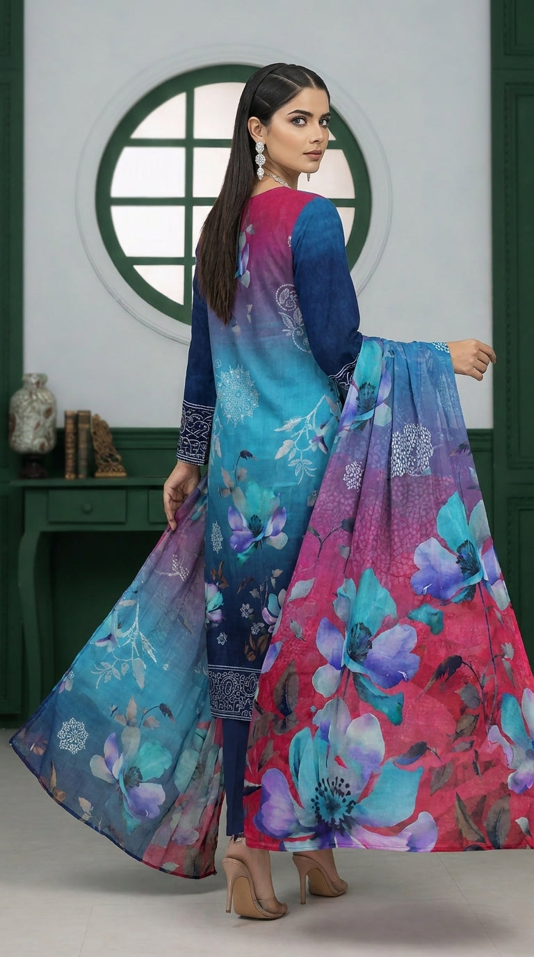 Close-up portrait of a model wearing the magenta-to-teal ombré chiffon dupatta with oversized watercolour magnolia and anemone blooms draped over the head, diamond chandelier earrings and pearl choker necklace, green panelled background