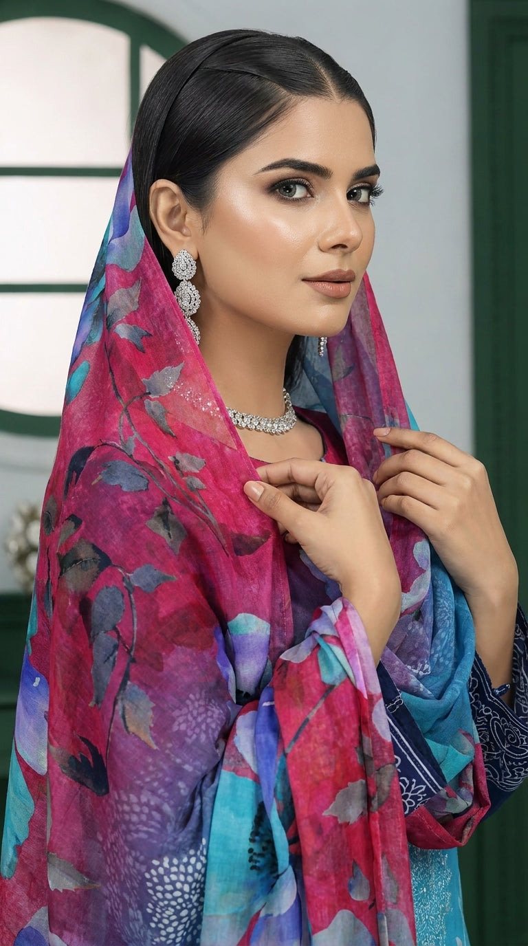 Full length front view of a smiling model raising the magenta-to-teal ombré chiffon dupatta with oversized watercolour blooms above her head in front of a green panelled wall, teal-to-magenta ombré luxury lawn suit with navy sleeves and plain navy cigarette trousers