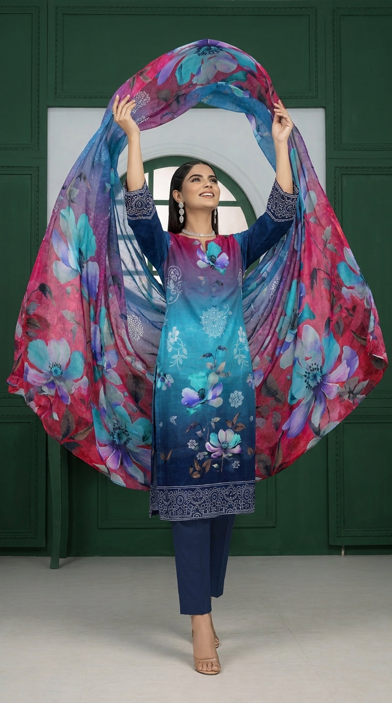Close-up detail of the V-notch neckline with fabric button placket on a teal-to-magenta ombré luxury lawn kameez with scattered watercolour magnolia blooms, navy sleeves with intricate blue paisley cuff border visible