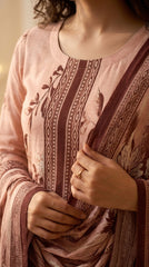 Back view of a model on a Persian rug wearing a blush pink luxury lawn suit with dark brown botanical floral and bird print, dark brown ikat stripe placket panel, plain blush pink cigarette trousers, and matching printed lawn dupatta with oversized botanical blooms and ikat diamond border draped symmetrically