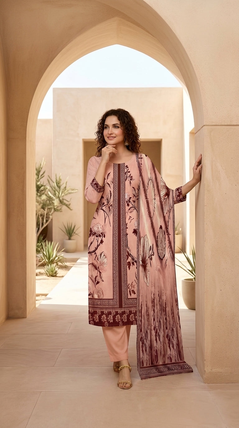 Close-up of the neckline and dupatta drape on a blush pink luxury lawn suit with dark brown botanical floral print, dark brown ikat stripe placket panel, and matching printed lawn dupatta with ikat diamond border, warm fairy-light background