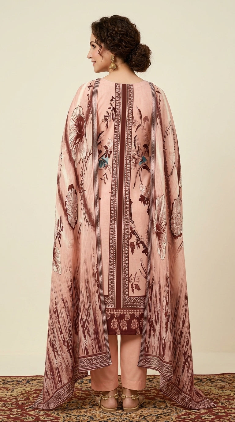 Full length front view of a model seated on a festive diwan in a blush pink luxury lawn suit with dark brown botanical floral and bird print, dark brown ikat placket panel, plain blush pink cigarette trousers, and matching printed lawn dupatta with ikat diamond border, marigold and fairy-light festive background