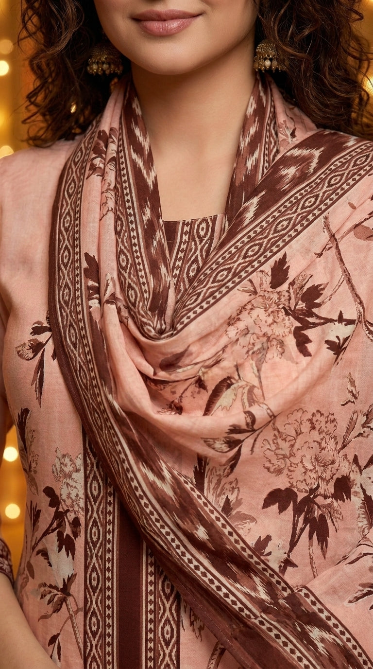 Model seated on a festive diwan smiling in a blush pink luxury lawn suit with dark brown botanical floral print, dark brown ikat placket panel, plain blush pink cigarette trousers, and matching printed lawn dupatta with ikat diamond border, warm fairy-light and marigold festive background