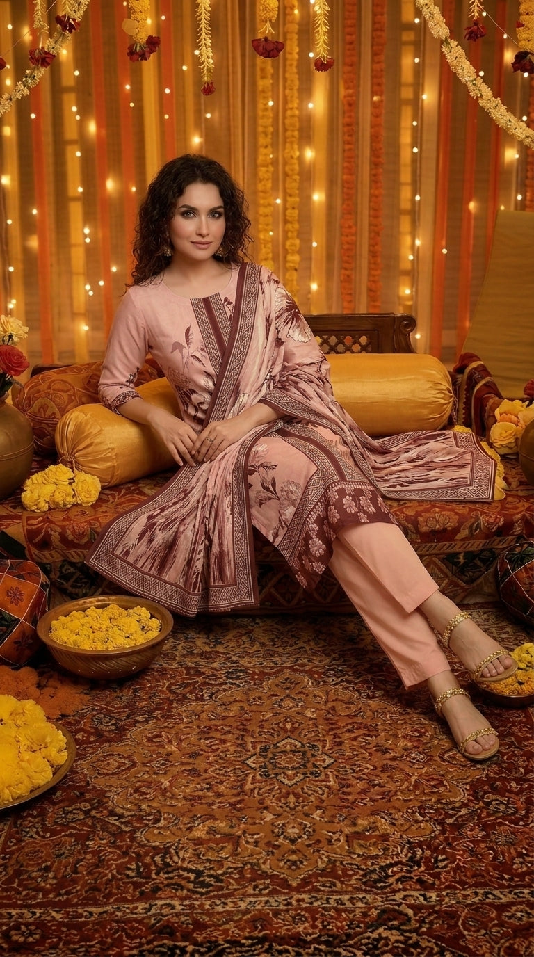 Close-up portrait of a model wearing the matching printed lawn dupatta with dark brown botanical blooms and ikat diamond border draped over the head, blush pink luxury lawn kameez with dark brown ikat placket panel visible, warm fairy-light background