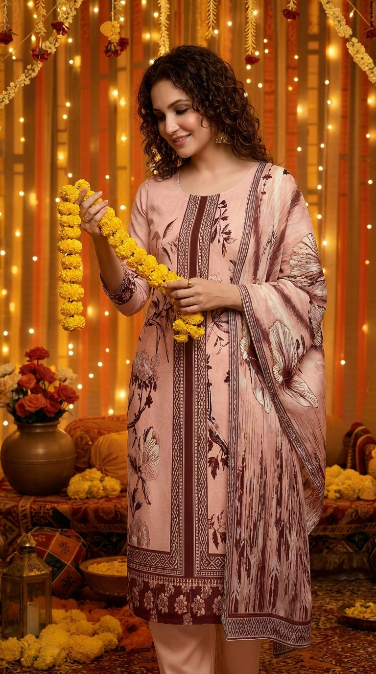 Close-up detail of the dark brown ikat stripe placket panel and botanical floral print on a blush pink luxury lawn kameez, with the matching printed lawn dupatta with ikat diamond border draped alongside, warm fairy-light background