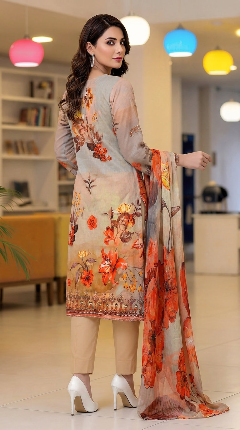 Back view of a model in a modern living room with colourful pendant lights wearing a warm beige luxury lawn suit with scattered orange-red lily and botanical floral print, embroidered cuff border, plain beige cigarette trousers, and cream-to-peach chiffon dupatta with oversized orange-red poppy and lily blooms draped over one arm