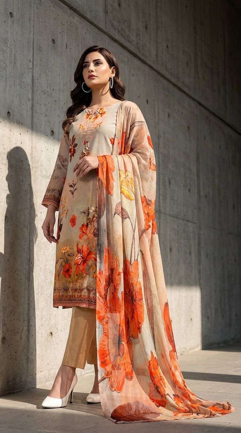 Full length front view of a model leaning against a concrete wall in a warm beige luxury lawn suit with scattered orange-red lily and botanical floral print, embroidered orange and gold neckline placket, embroidered cuff border, plain beige cigarette trousers, and cream-to-peach chiffon dupatta with oversized orange-red poppy and lily blooms draped over both arms