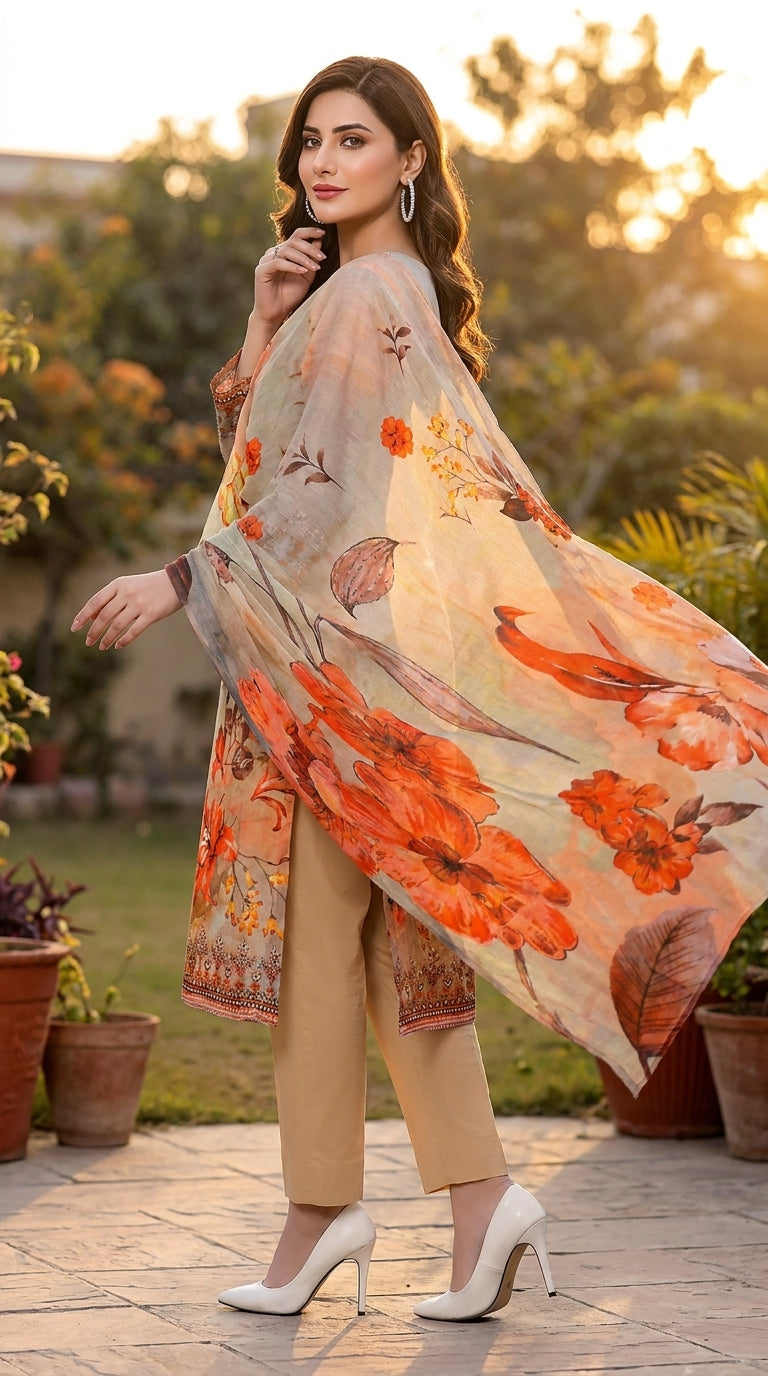 Full length back view of a model turning in a golden sunset garden in a warm beige luxury lawn suit with scattered orange-red lily and botanical floral print, embroidered cuff border, plain beige cigarette trousers, and cream-to-peach chiffon dupatta with oversized orange-red poppy and lily blooms billowing in the breeze