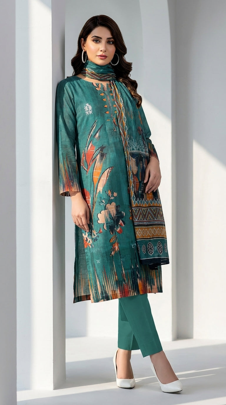 Full length front view of a model leaning against a white architectural column in a clean white studio wearing a rich teal luxury lawn suit with abstract ikat floral placement print in orange, rust, and navy, V-notch neckline with embroidered orange and teal leaf motifs, multicolour ikat cuff border, plain teal cigarette trousers, and matching dark teal printed lawn dupatta with geometric chevron border draped over the head and shoulders