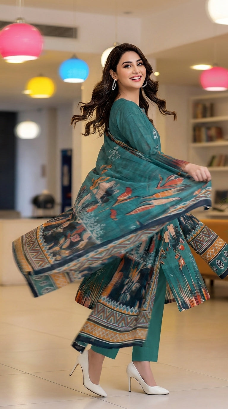 Full length front view of a smiling model twirling and holding out the matching dark teal printed lawn dupatta with abstract ikat floral print and geometric chevron border in a colourful pendant-light studio, rich teal luxury lawn suit with abstract ikat floral placement print and plain teal cigarette trousers visible