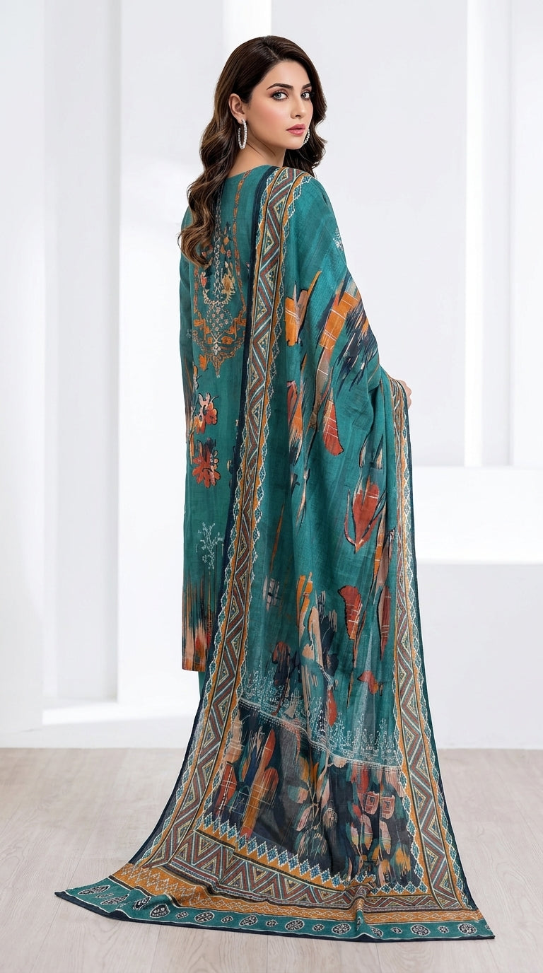 Back view of a model looking over her shoulder in a clean white architectural setting wearing a rich teal luxury lawn suit with abstract ikat floral placement print in orange, rust, and navy, multicolour ikat cuff border, plain teal cigarette trousers, and matching dark teal printed lawn dupatta with geometric chevron border trailing to the floor