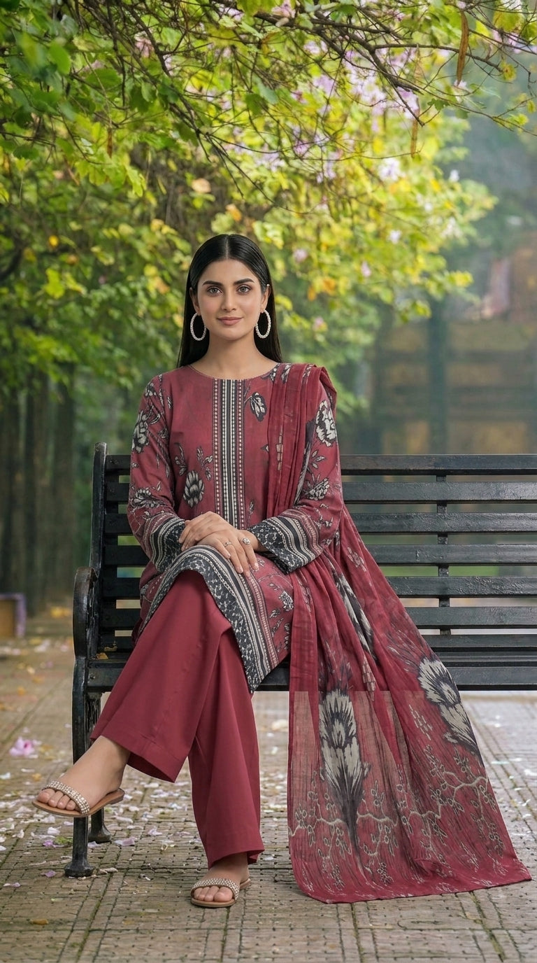 Model seated on a black iron bench in an autumn garden wearing a dusty mauve luxury lawn suit with scattered black and white peony print, vertical geometric placket panel, black ikat hem border, plain mauve shalwar, and matching printed lawn dupatta with oversized grey peony blooms