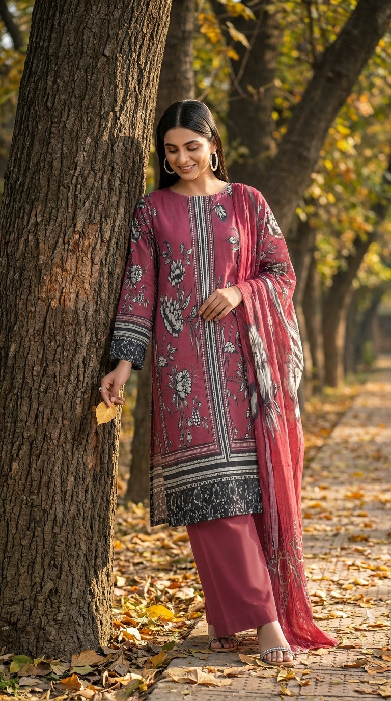 Full length front view of a model leaning against an autumn tree in a dusty mauve luxury lawn suit with scattered black and white peony and lotus print, vertical geometric placket panel, black ikat hem border, plain mauve shalwar, and matching printed lawn dupatta draped over one arm