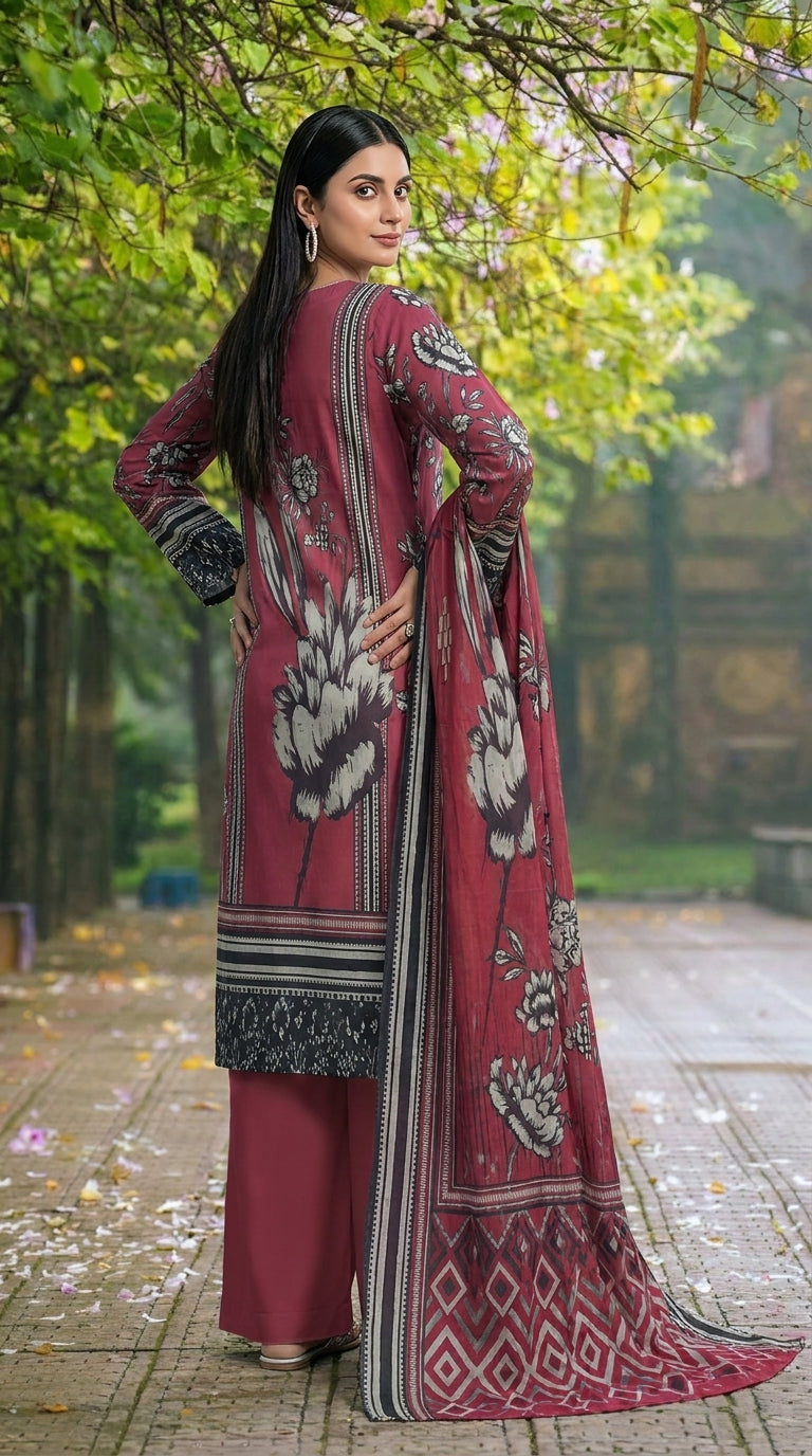 Back view of a model standing in an autumn garden in a dusty mauve luxury lawn suit with scattered black and white peony print, showing the back panel and matching printed lawn dupatta with oversized grey peony blooms and diamond geometric border trailing behind