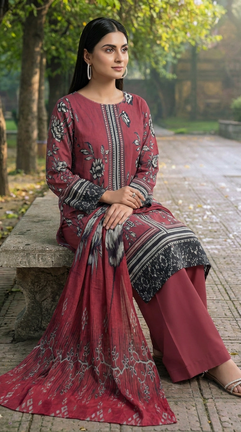 Model seated on a carved stone bench in an autumn garden in a dusty mauve luxury lawn suit with scattered black and white peony print, vertical geometric placket panel, plain mauve shalwar, and matching printed lawn dupatta with oversized grey peony blooms pooling on the bench