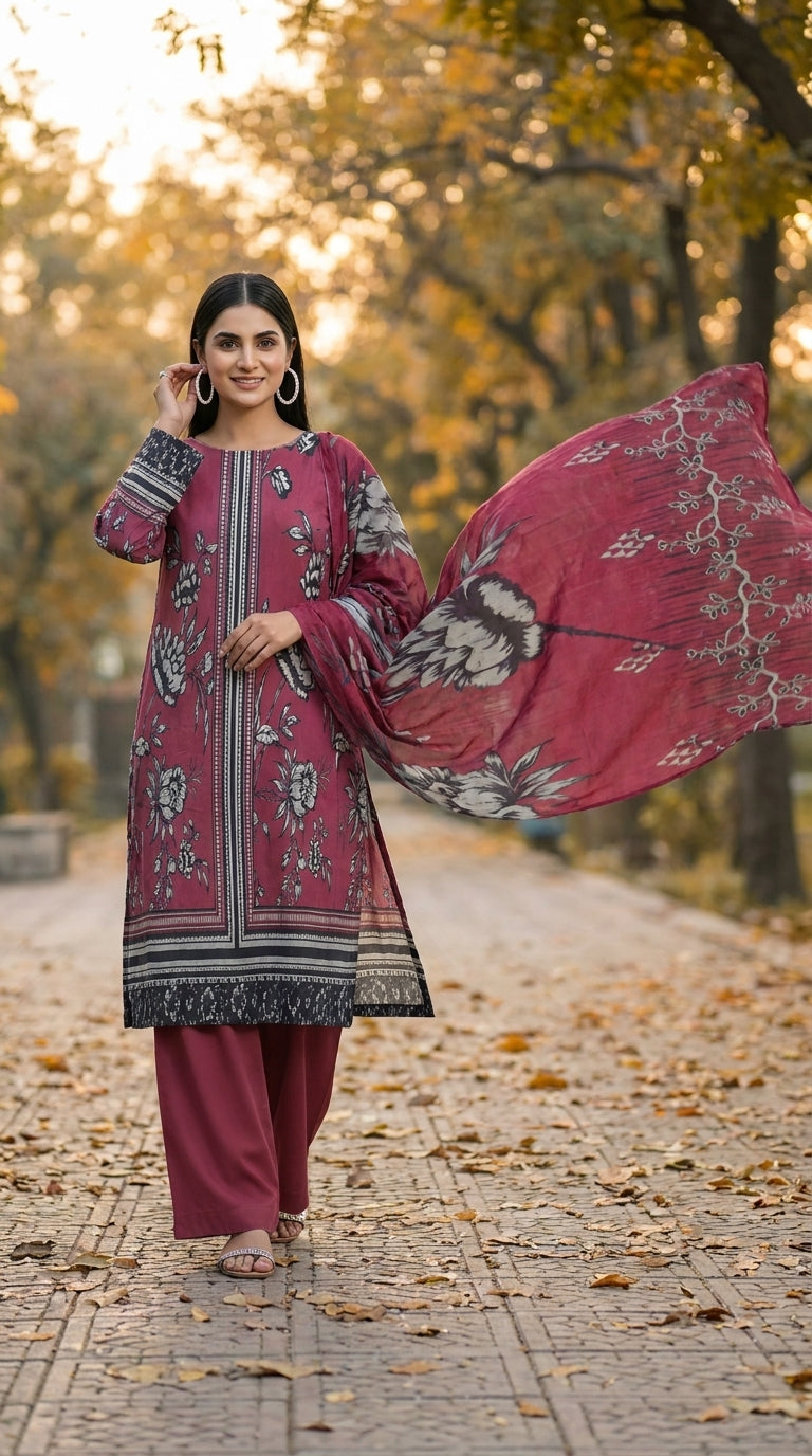 Full length front view of a smiling model walking on an autumn tree-lined avenue in a dusty mauve luxury lawn suit with scattered black and white peony print, vertical geometric placket panel, black ikat hem border, plain mauve shalwar, and matching printed lawn dupatta billowing in the breeze