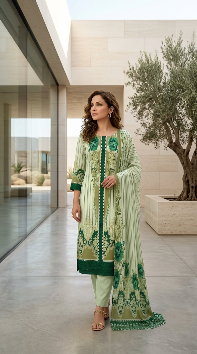 Back view of a model on a cream background wearing a mint luxury lawn suit with fine vertical stripe print, oversized teal watercolour rose placement print, emerald green placket with white lace trim, emerald embroidered cuff border, sweeping emerald embroidered hem panel, plain mint cigarette trousers, and matching striped lawn dupatta with teal rose print and emerald floral border draped symmetrically