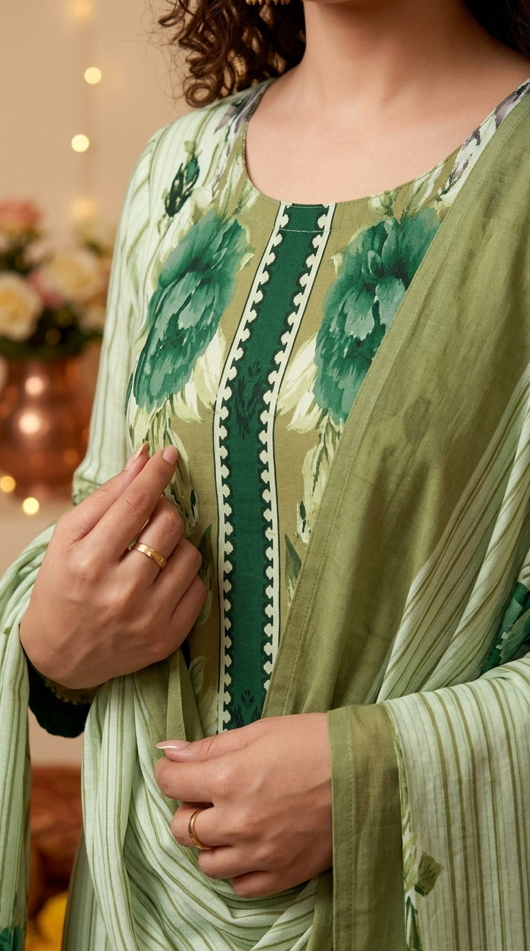 Full length front view of a model leaning on a concrete geometric sculpture in a mint luxury lawn suit with fine vertical stripe print, oversized teal watercolour rose placement print, emerald green placket with white lace trim, emerald embroidered cuff border, sweeping emerald embroidered hem panel, plain mint cigarette trousers, and matching striped lawn dupatta with teal rose print and emerald floral border draped over one arm, concrete studio background