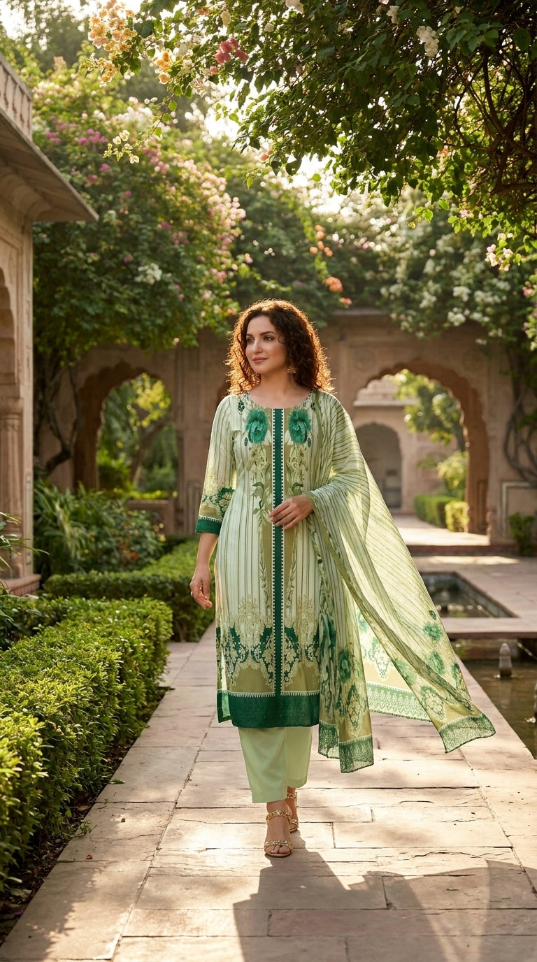Model seated on an ornate carved wooden chair in a warm festive setting with fairy lights and marigold backdrop, wearing a mint luxury lawn suit with fine vertical stripe print, oversized teal watercolour rose placement print, emerald green placket with white lace trim, emerald embroidered cuff border, sweeping emerald embroidered hem panel, plain mint cigarette trousers, and matching striped lawn dupatta with teal rose print and emerald floral border